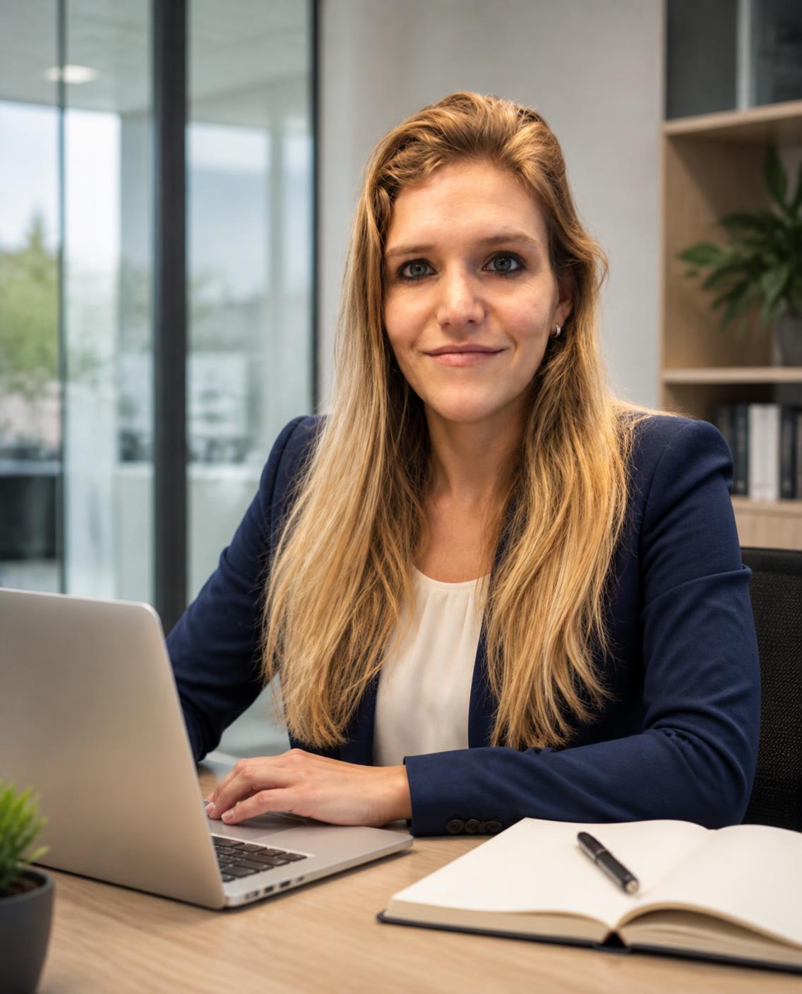 Silvia de Felipe en su escritorio de trabajo, con las manos sobre el teclado de un portátil